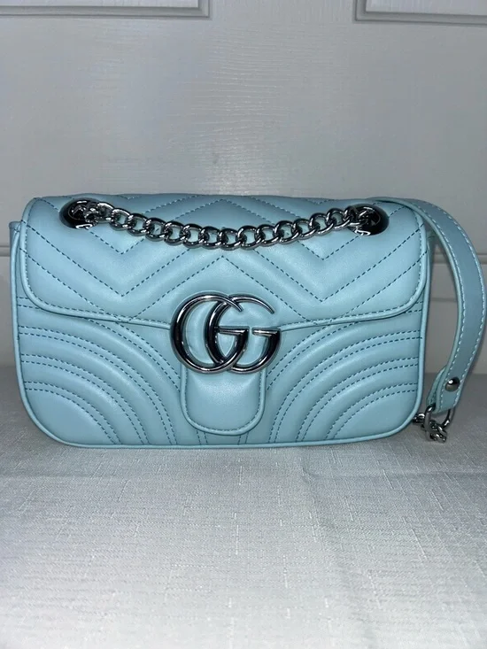 Light Blue Chevron Quilted Shoulder Bag with Silver Hardware and Dust Bag - Picture 1 of 13